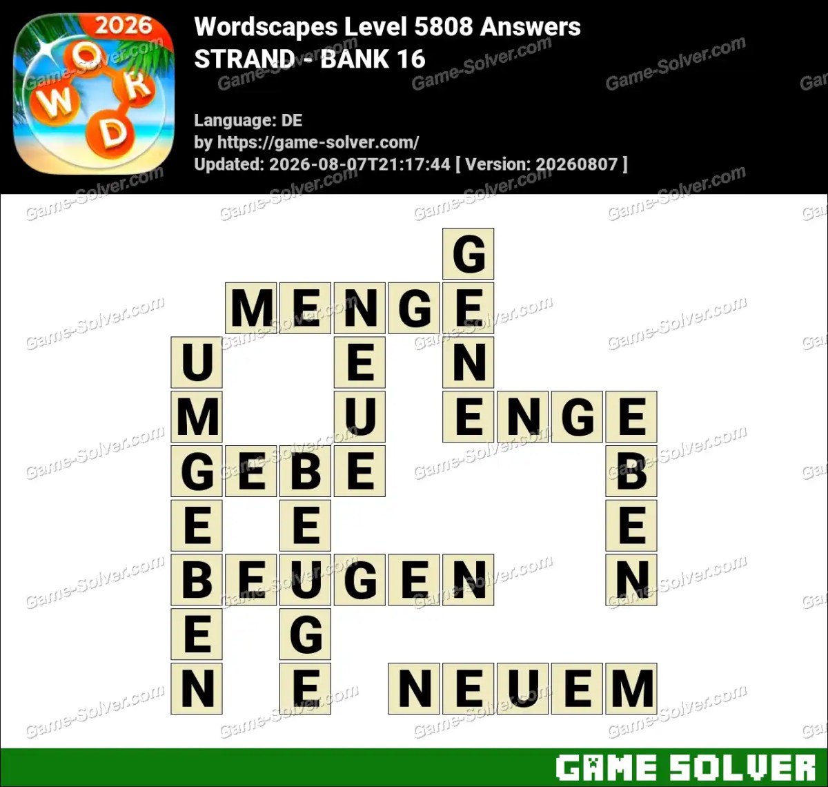 Wordscapes Deutsche Level 5808 Answers — STRAND - BANK 16
