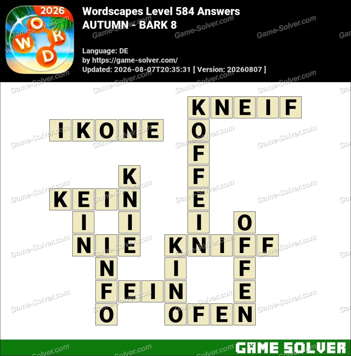 Wordscapes Deutsche Level 584 Answers — AUTUMN - BARK 8