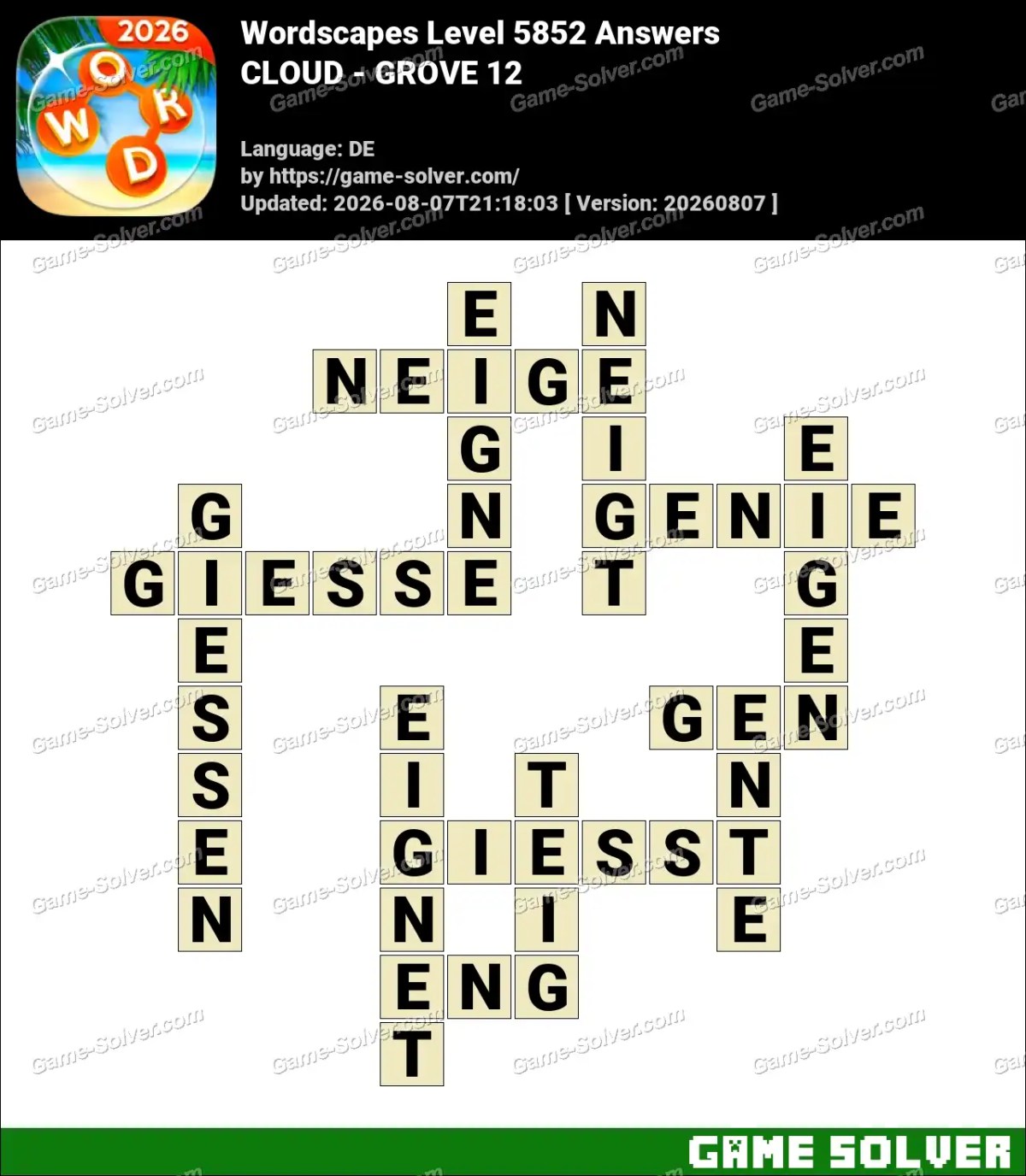 Wordscapes Deutsche Level 5852 Answers — CLOUD - GROVE 12