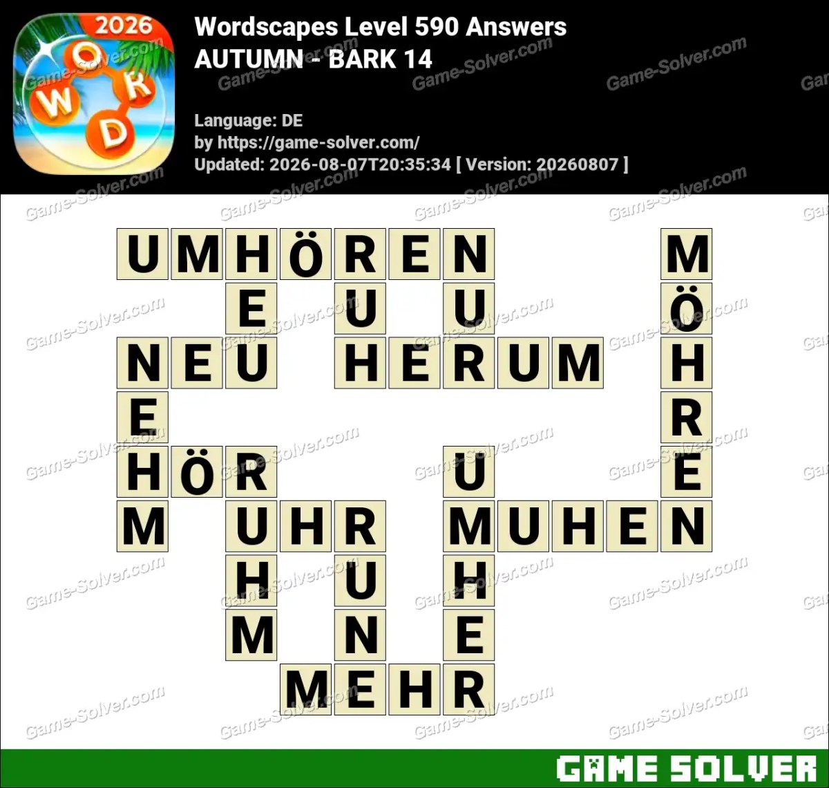 Wordscapes Deutsche Level 590 Answers — AUTUMN - BARK 14