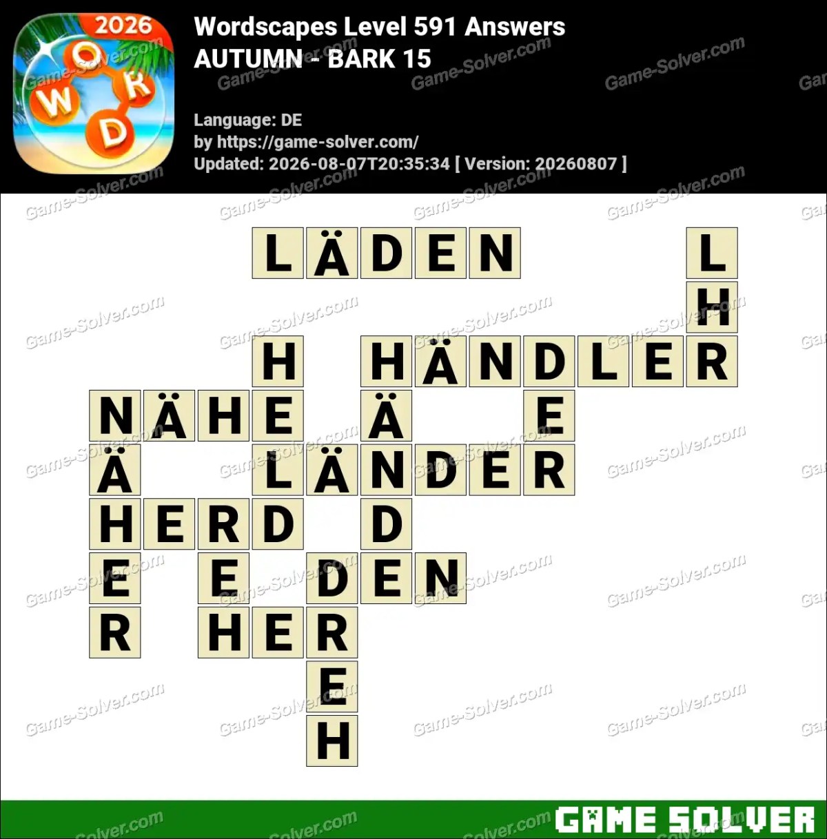 Wordscapes Deutsche Level 591 Answers — AUTUMN - BARK 15