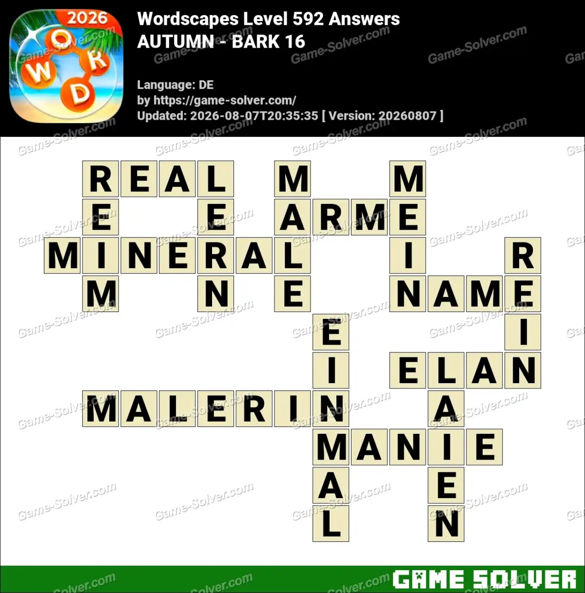 Wordscapes Deutsche Level 592 Answers — AUTUMN - BARK 16