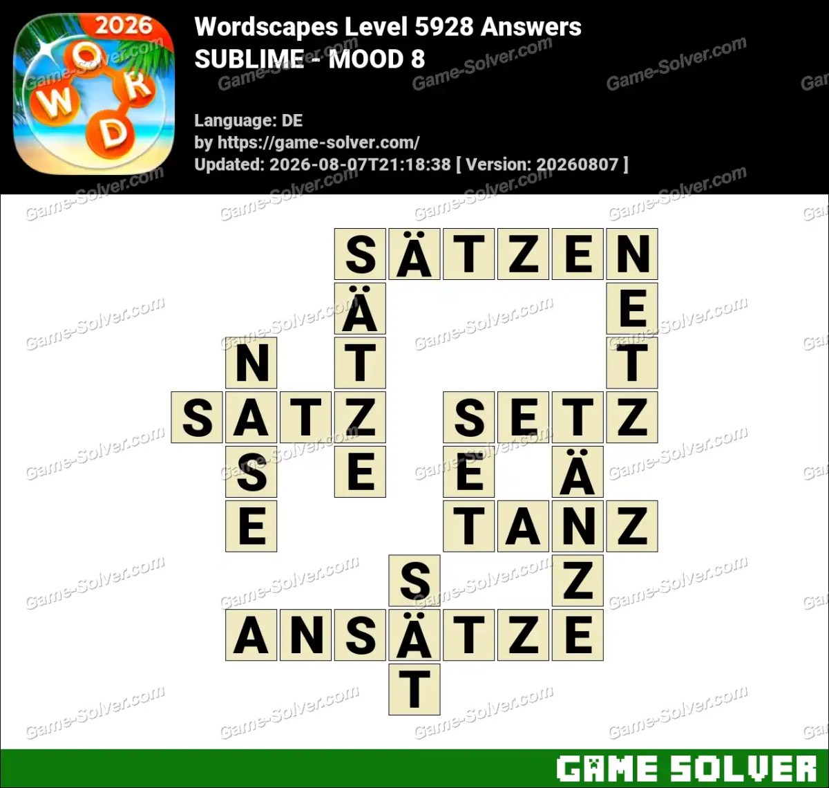 Wordscapes Deutsche Level 5928 Answers — SUBLIME - MOOD 8