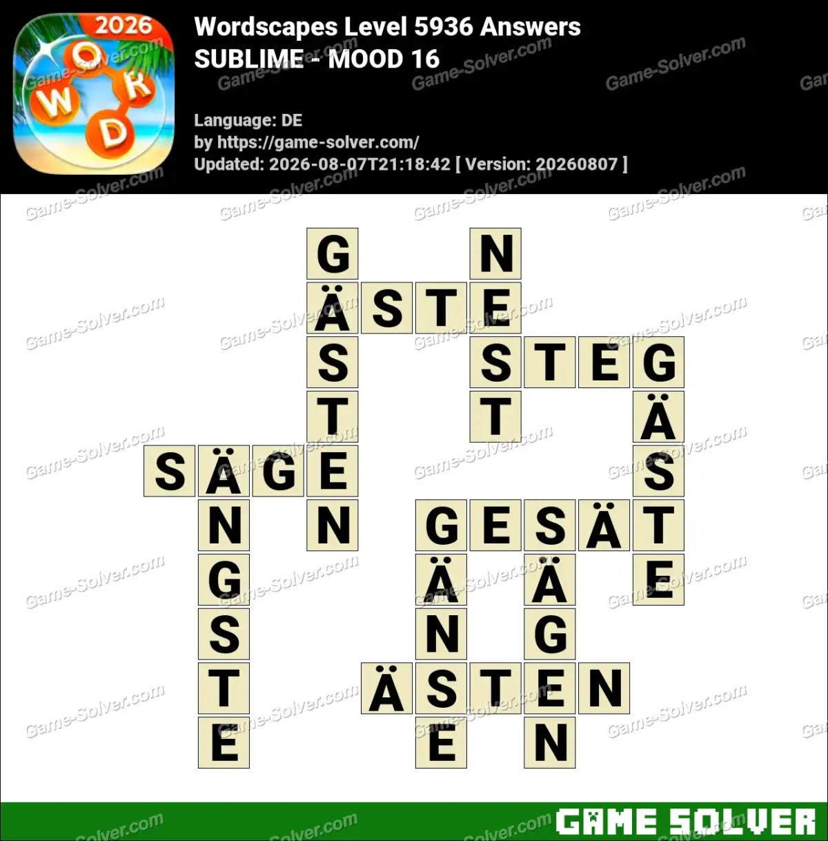 Wordscapes Deutsche Level 5936 Answers — SUBLIME - MOOD 16