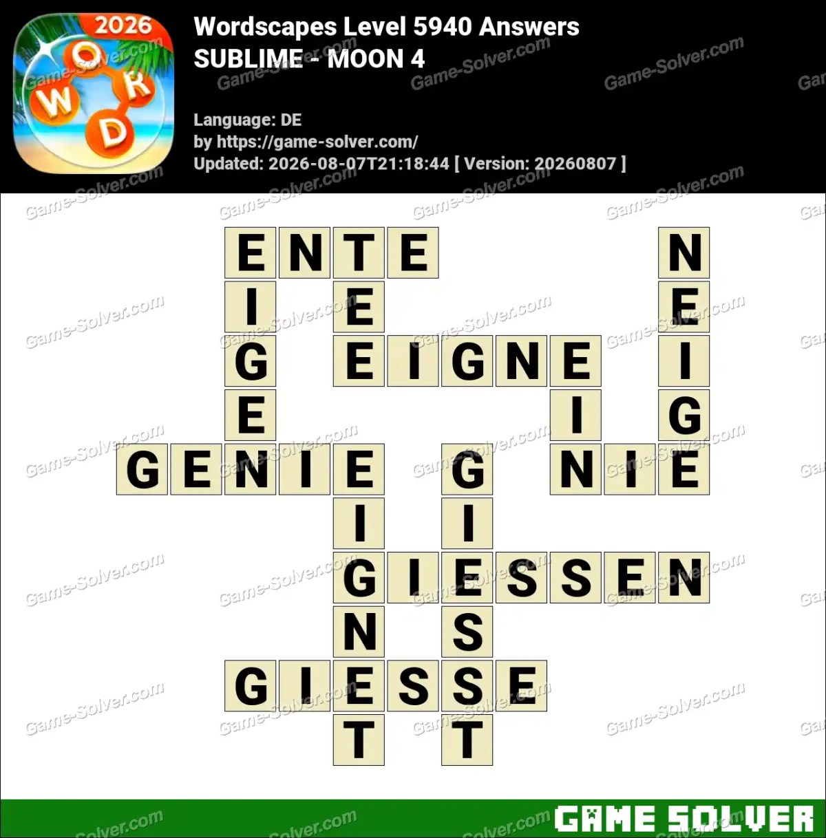Wordscapes Deutsche Level 5940 Answers — SUBLIME - MOON 4