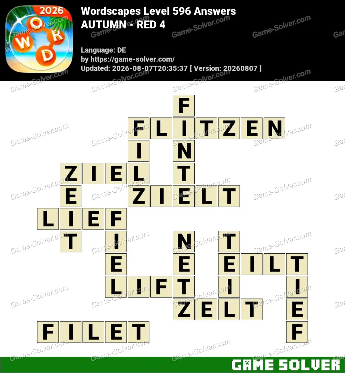Wordscapes Deutsche Level 596 Answers — AUTUMN - RED 4