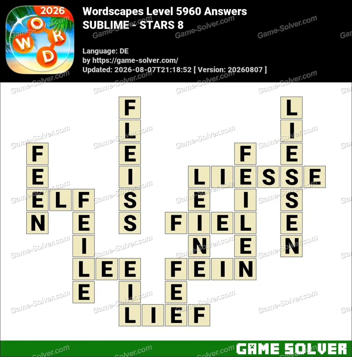 Wordscapes Deutsche Level 5960 Answers — SUBLIME - STARS 8