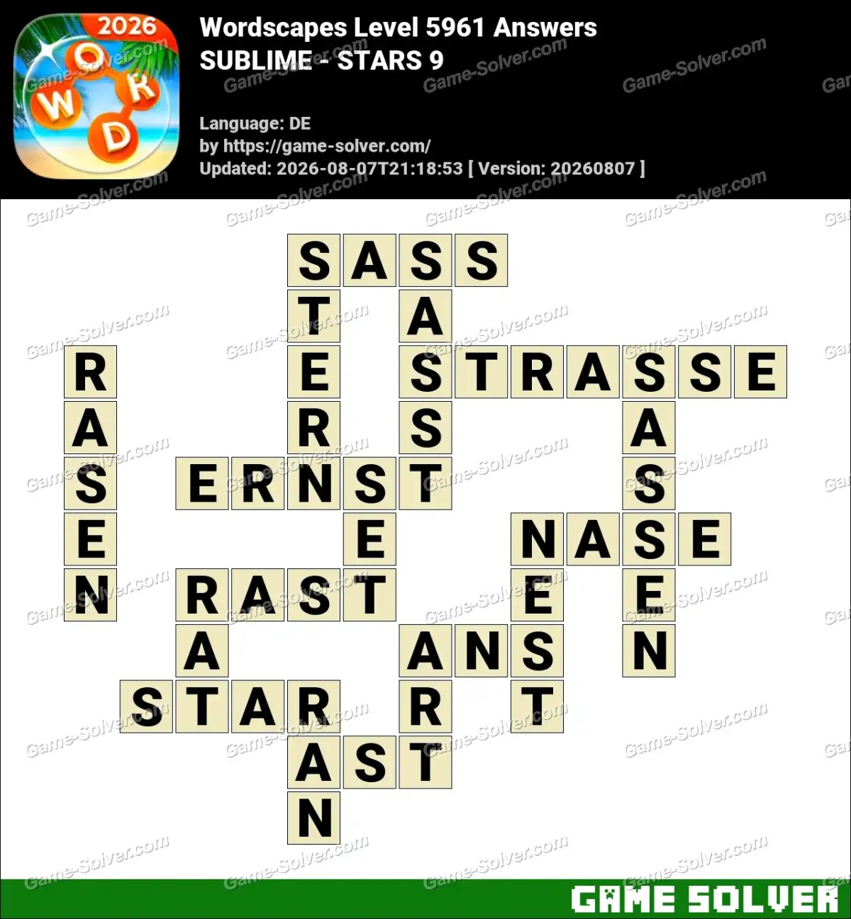 Wordscapes Deutsche Level 5961 Answers — SUBLIME - STARS 9