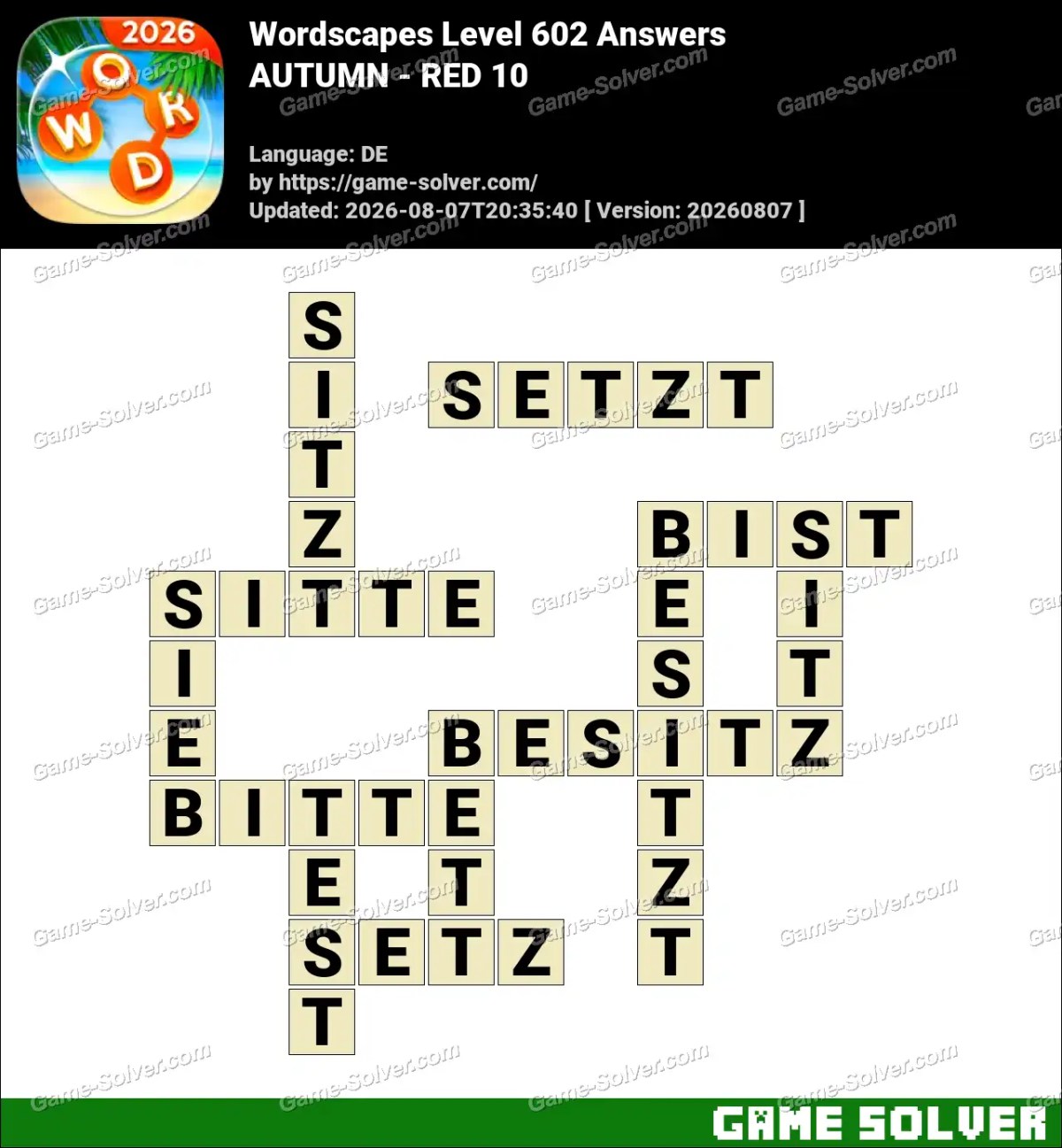 Wordscapes Deutsche Level 602 Answers — AUTUMN - RED 10