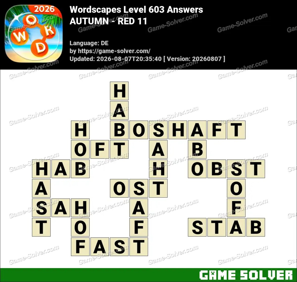 Wordscapes Deutsche Level 603 Answers — AUTUMN - RED 11