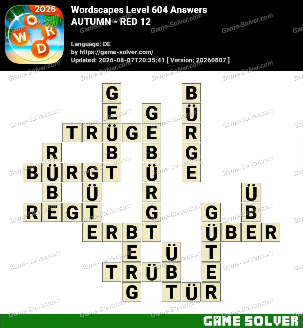 Wordscapes Deutsche Level 604 Answers — AUTUMN - RED 12