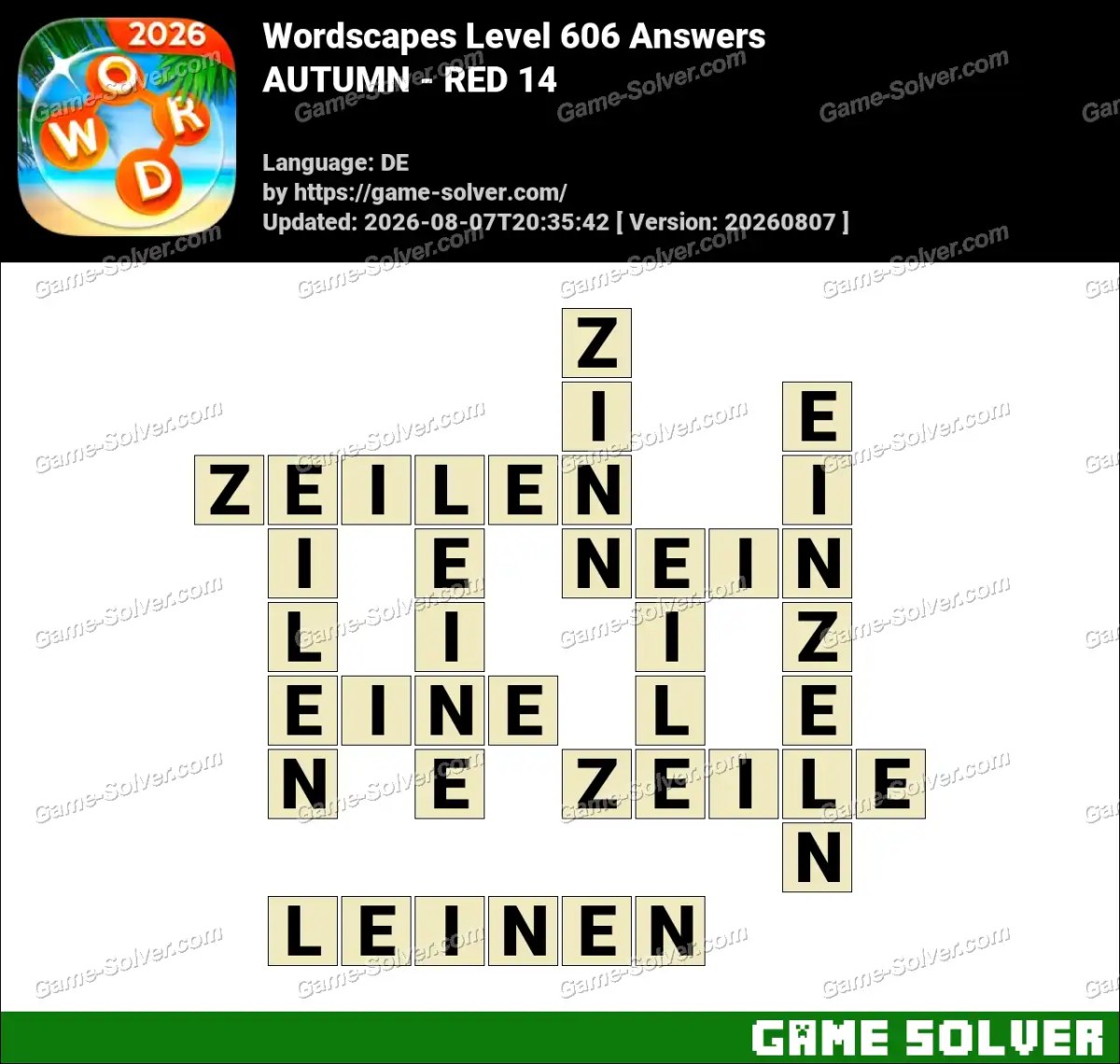 Wordscapes Deutsche Level 606 Answers — AUTUMN - RED 14 Wordscapes Deutsche Level 606 Answers — AUTUMN - RED 14