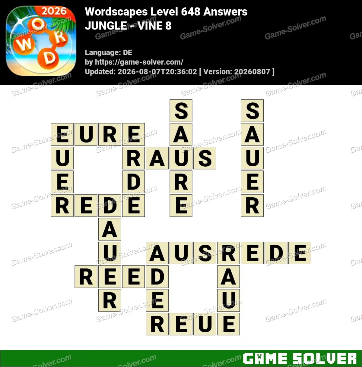 Wordscapes Deutsche Level 648 Answers — JUNGLE - VINE 8 Wordscapes Deutsche Level 648 Answers — JUNGLE - VINE 8