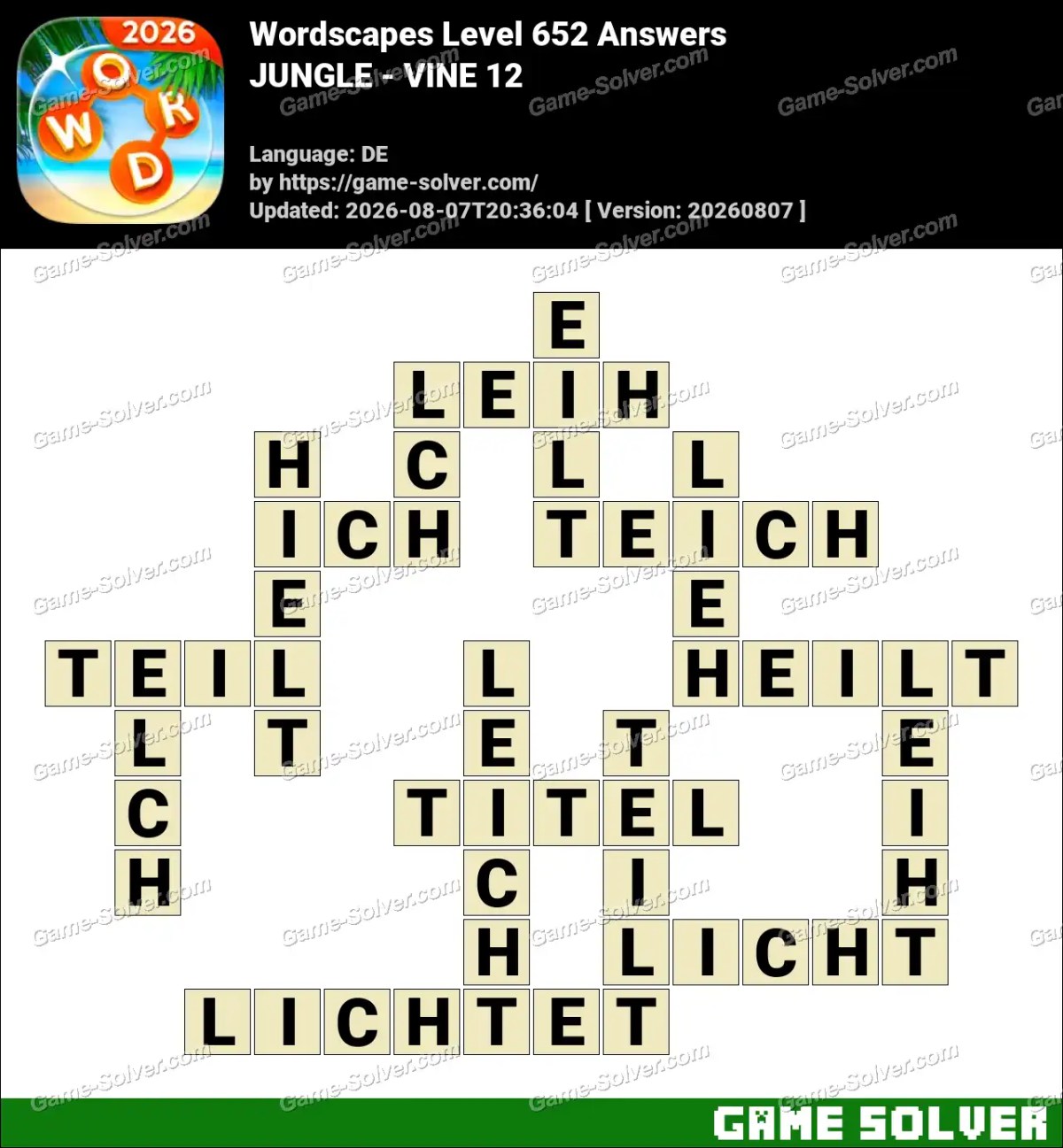 Wordscapes Deutsche Level 652 Answers — JUNGLE - VINE 12 Wordscapes Deutsche Level 652 Answers — JUNGLE - VINE 12