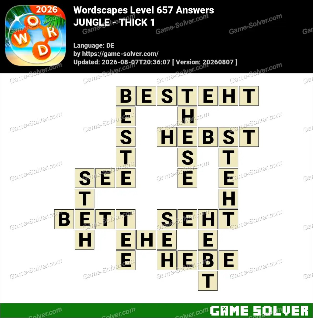 Wordscapes Deutsche Level 657 Answers — JUNGLE - THICK 1 Wordscapes Deutsche Level 657 Answers — JUNGLE - THICK 1