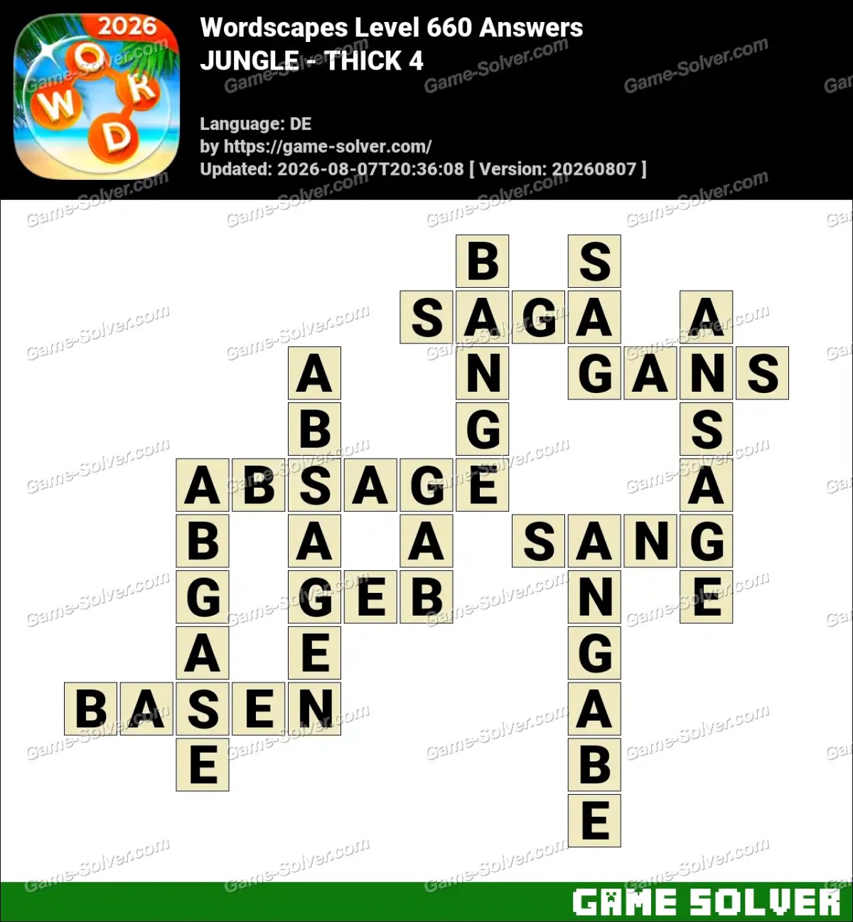 Wordscapes Deutsche Level 660 Answers — JUNGLE - THICK 4 Wordscapes Deutsche Level 660 Answers — JUNGLE - THICK 4
