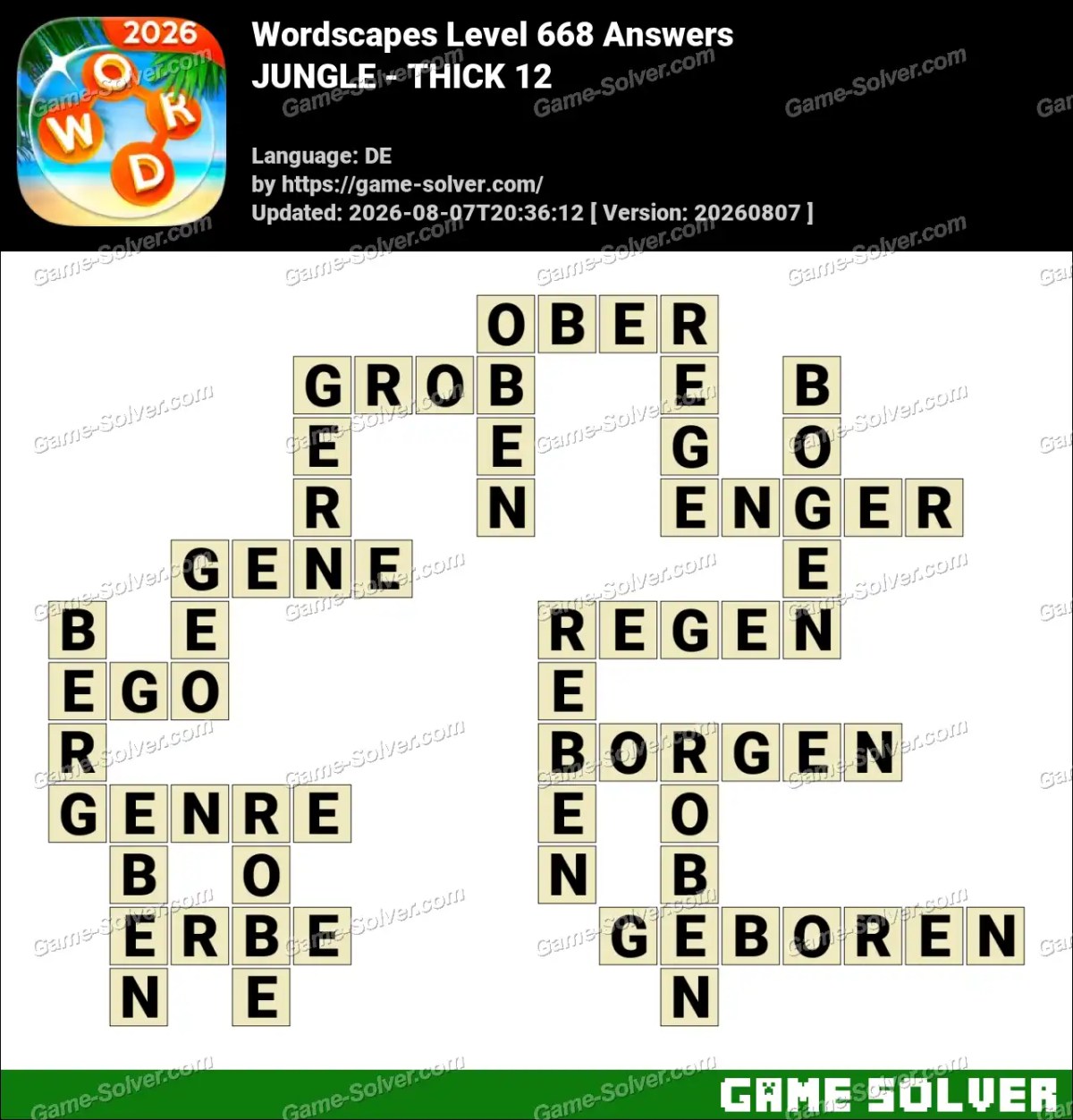 Wordscapes Deutsche Level 668 Answers — JUNGLE - THICK 12