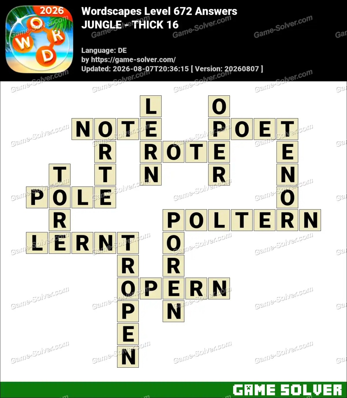 Wordscapes Deutsche Level 672 Answers — JUNGLE - THICK 16