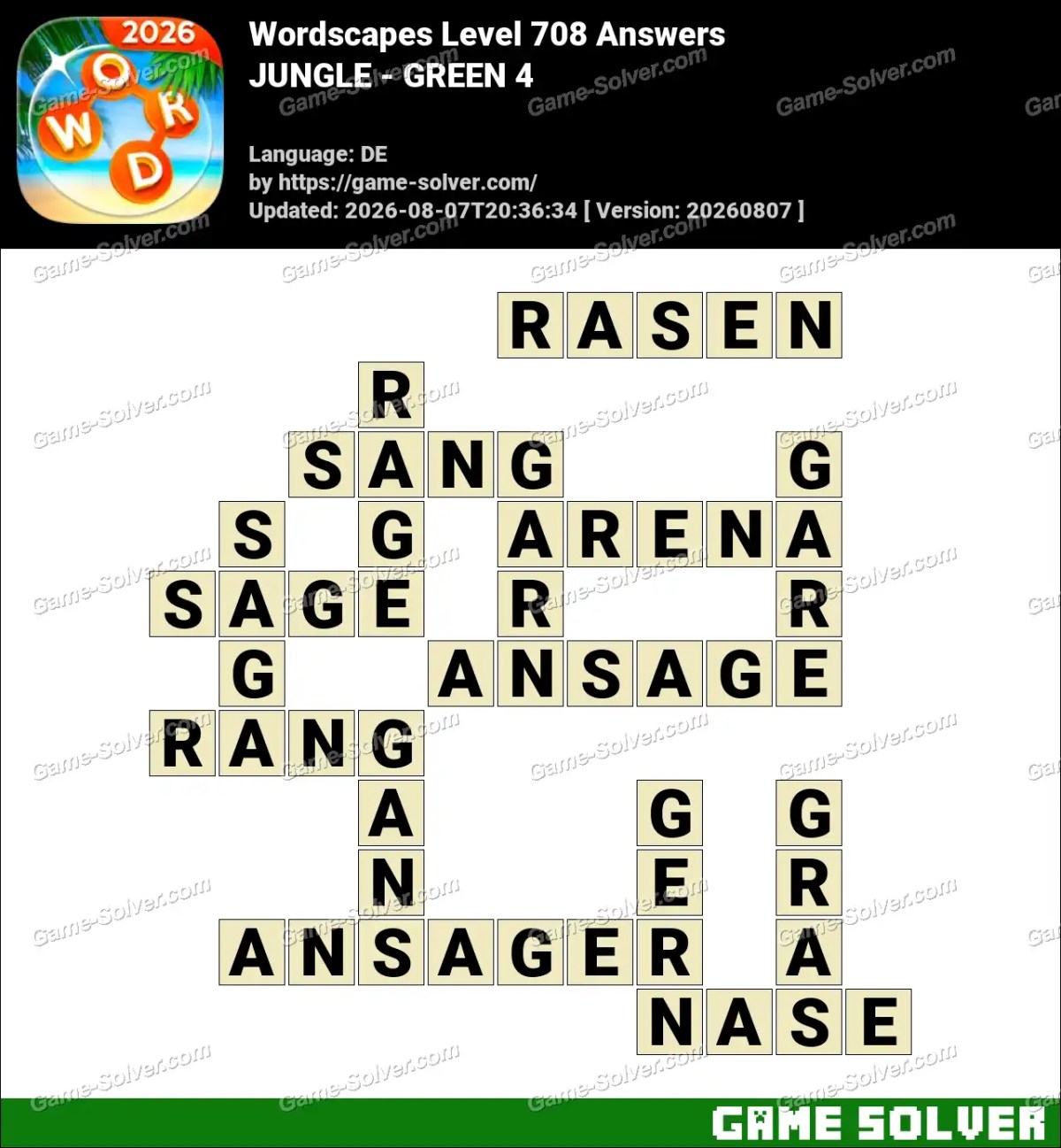 Wordscapes Deutsche Level 708 Answers — JUNGLE - GREEN 4