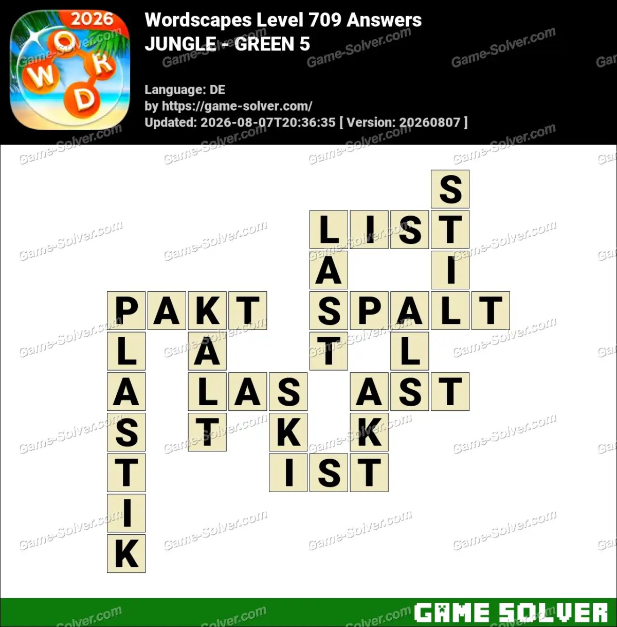 Wordscapes Deutsche Level 709 Answers — JUNGLE - GREEN 5