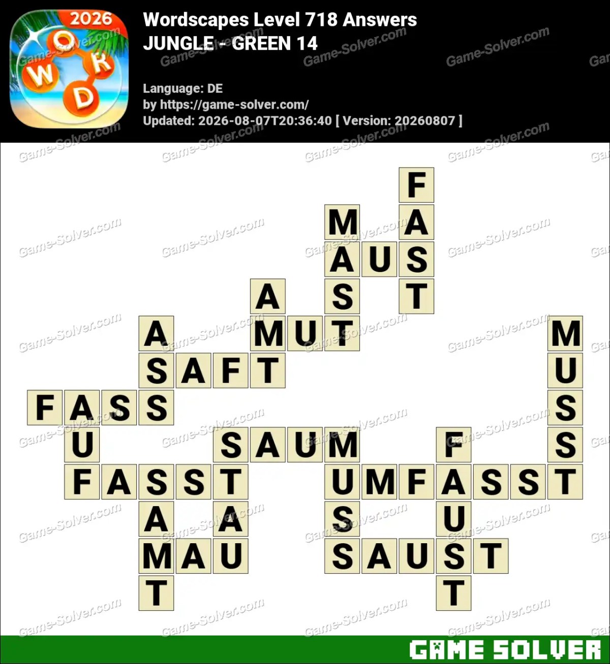 Wordscapes Deutsche Level 718 Answers — JUNGLE - GREEN 14