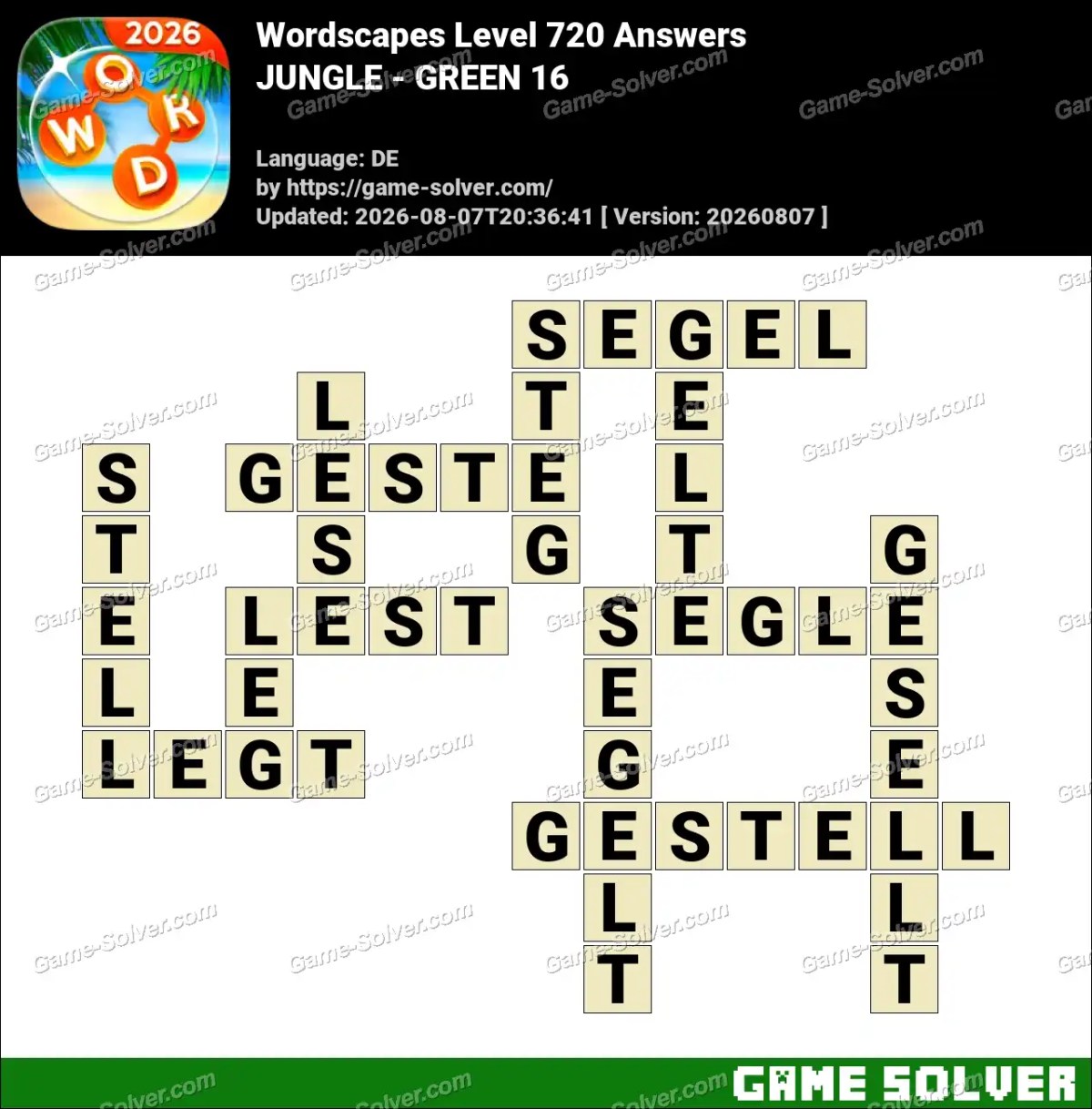 Wordscapes Deutsche Level 720 Answers — JUNGLE - GREEN 16