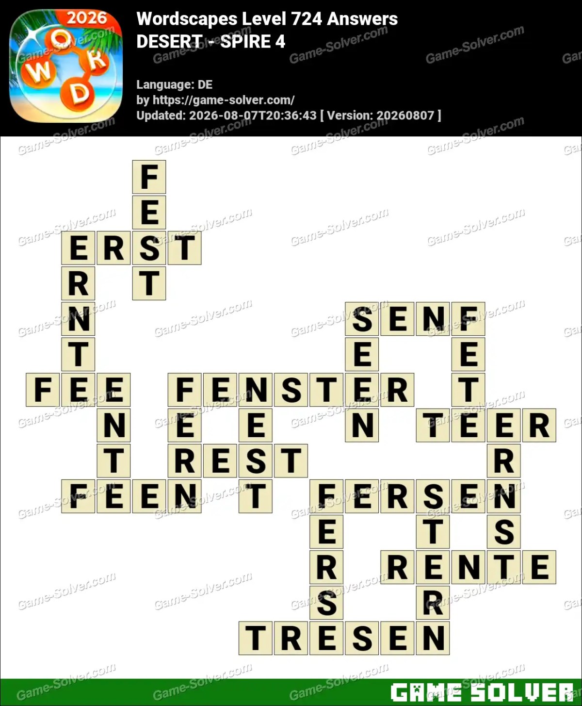 Wordscapes Deutsche Level 724 Answers — DESERT - SPIRE 4
