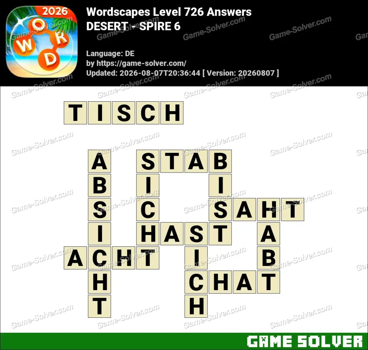 Wordscapes Deutsche Level 726 Answers — DESERT - SPIRE 6