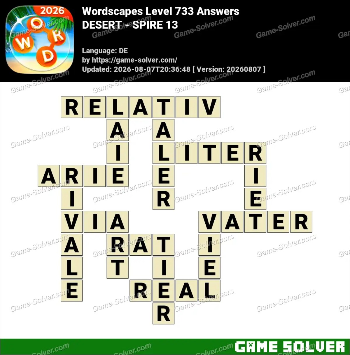 Wordscapes Deutsche Level 733 Answers — DESERT - SPIRE 13