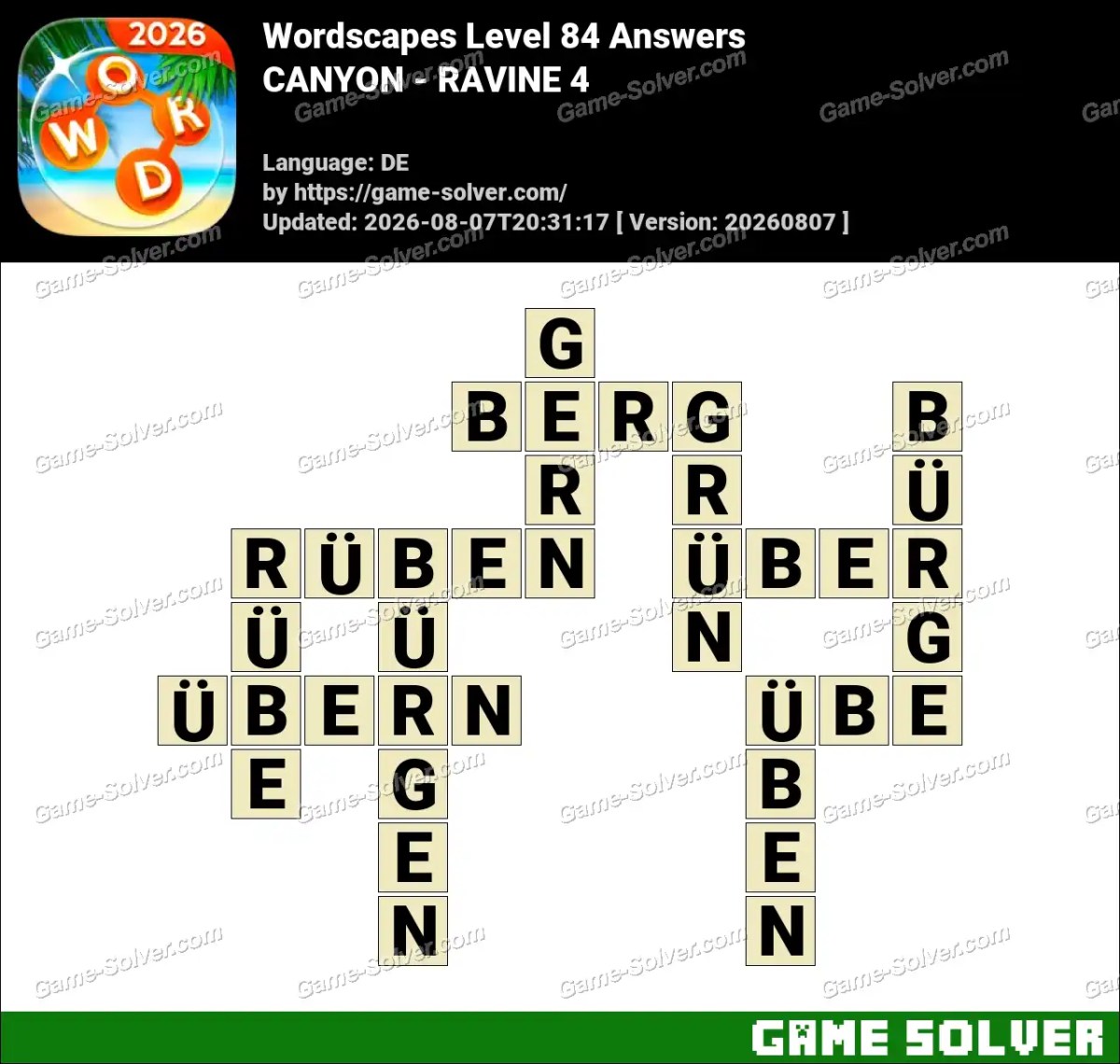 Wordscapes Deutsche Level 84 Answers — CANYON - RAVINE 4