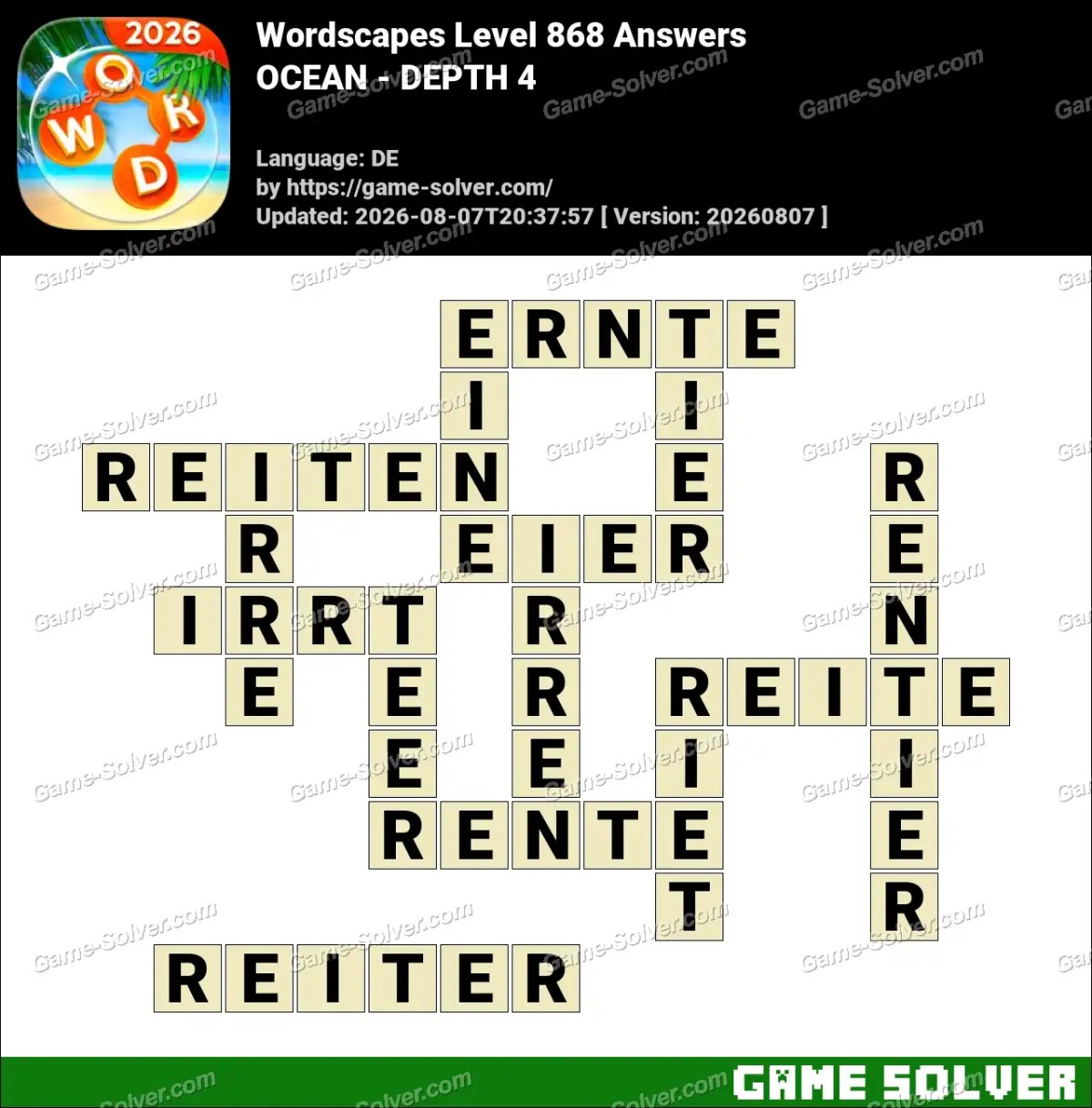 Wordscapes Deutsche Level 868 Answers — OCEAN - DEPTH 4