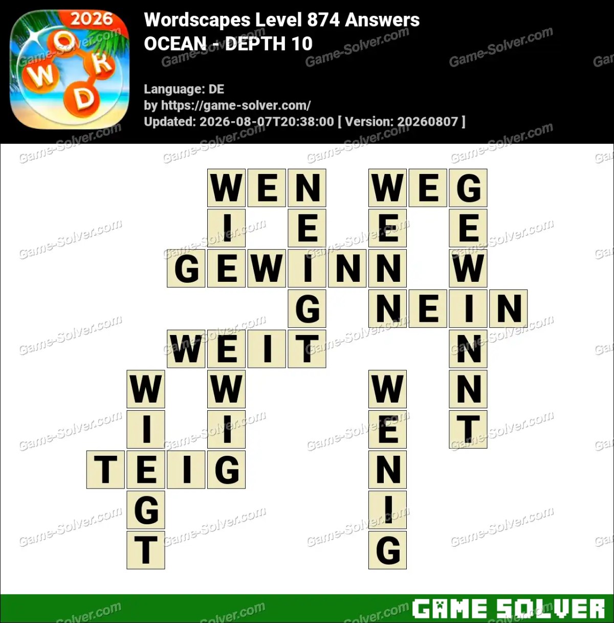 Wordscapes Deutsche Level 874 Answers — OCEAN - DEPTH 10