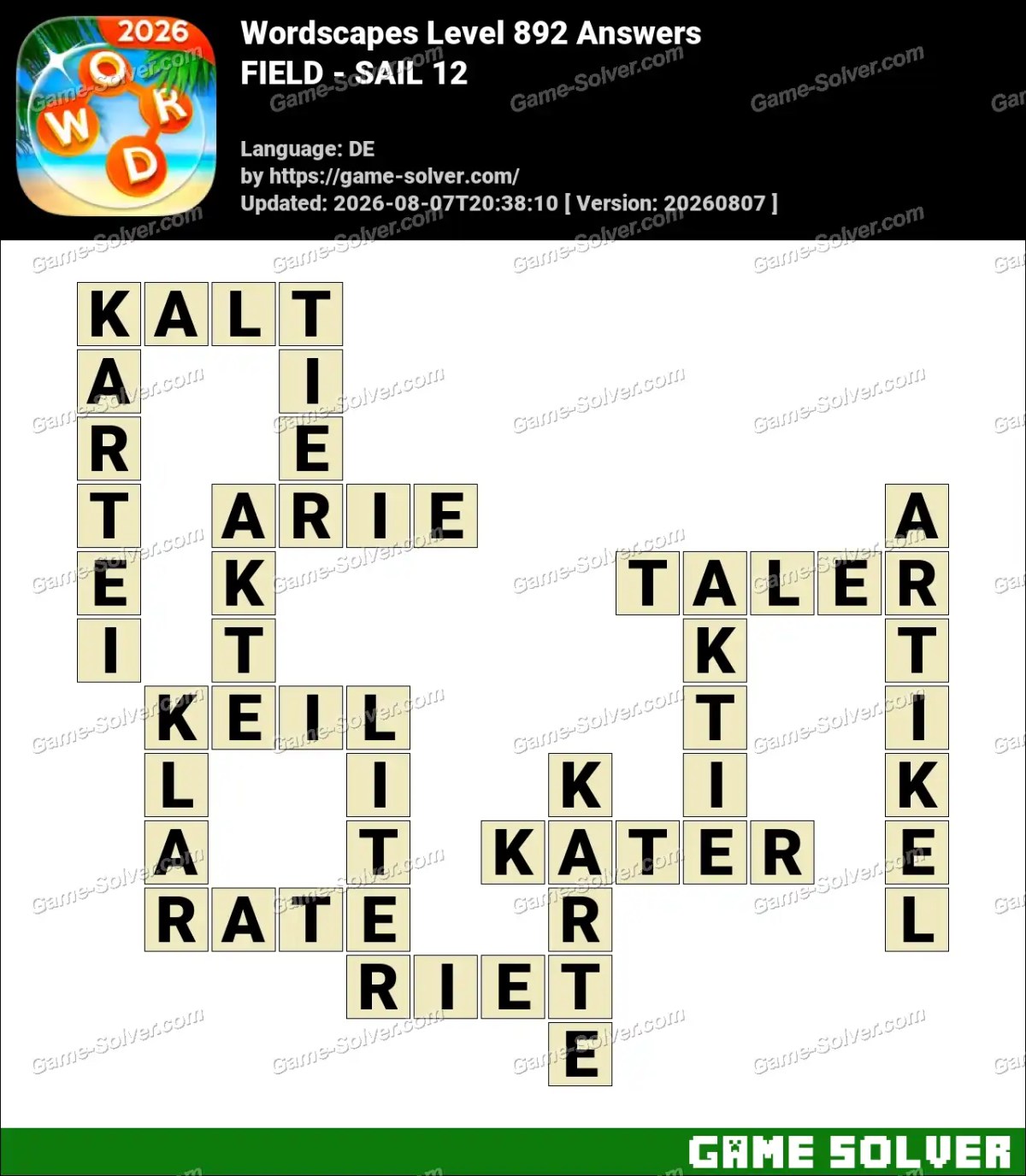 Wordscapes Deutsche Level 892 Answers — FIELD - SAIL 12