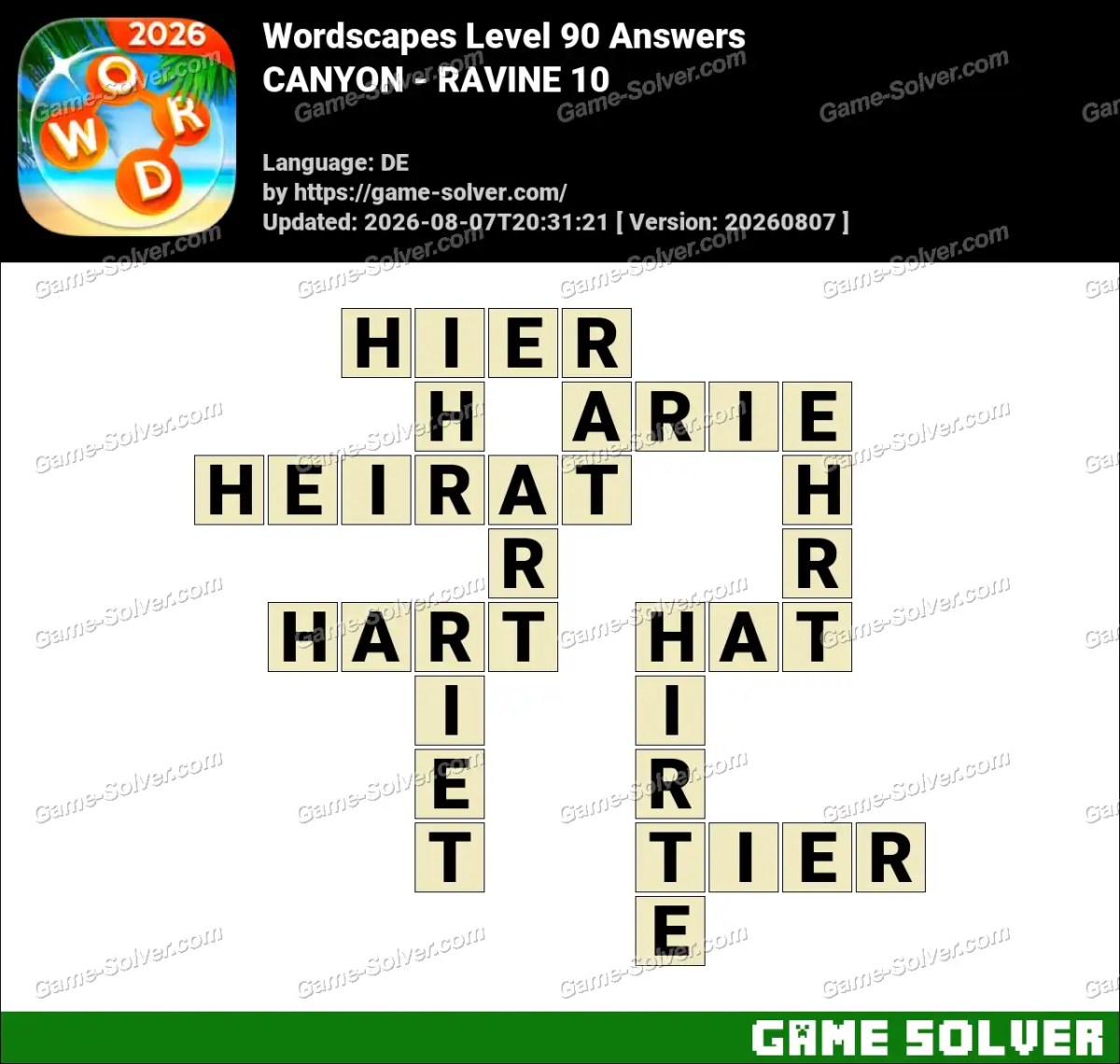 Wordscapes Deutsche Level 90 Answers — CANYON - RAVINE 10
