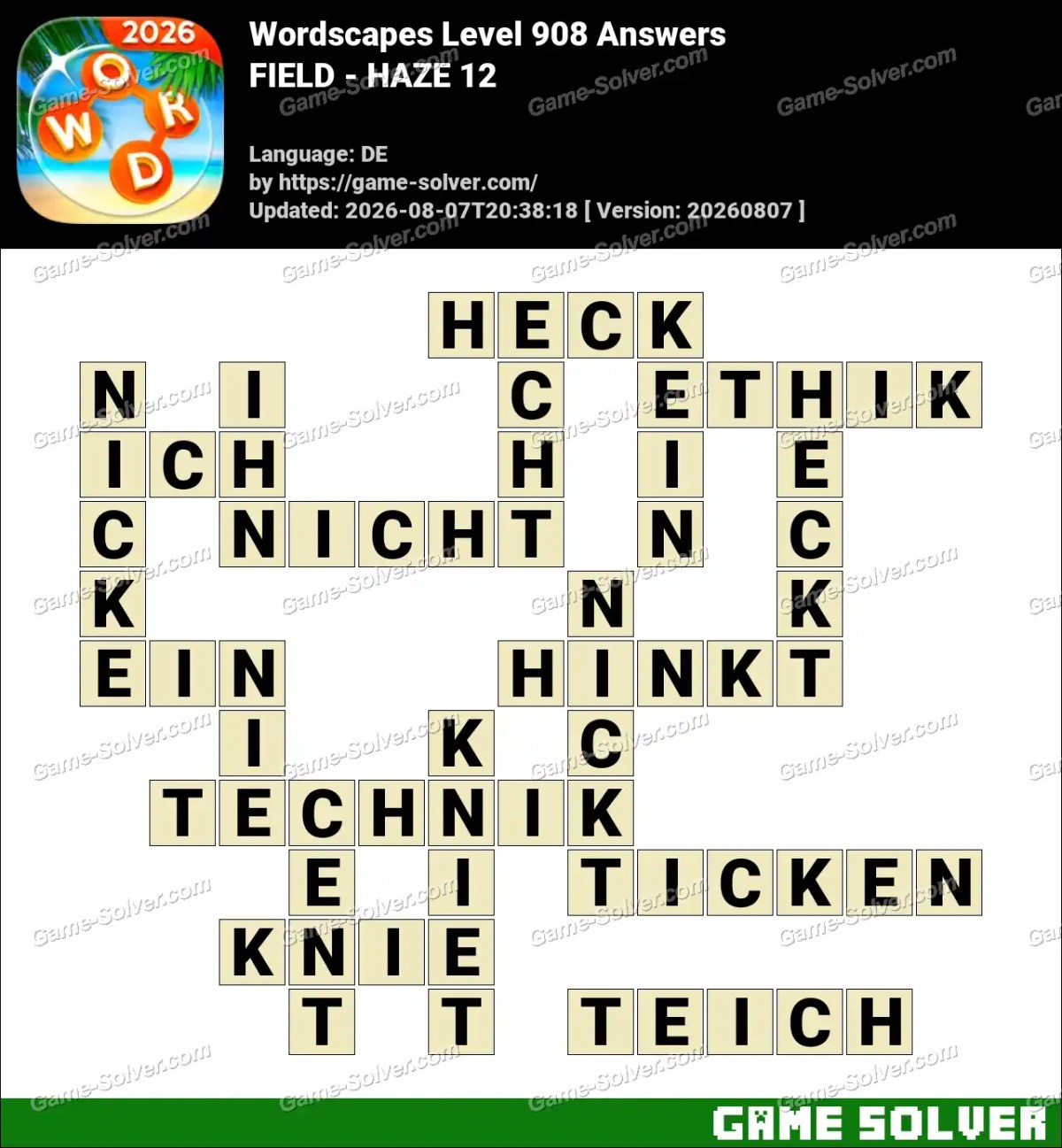 Wordscapes Deutsche Level 908 Answers — FIELD - HAZE 12