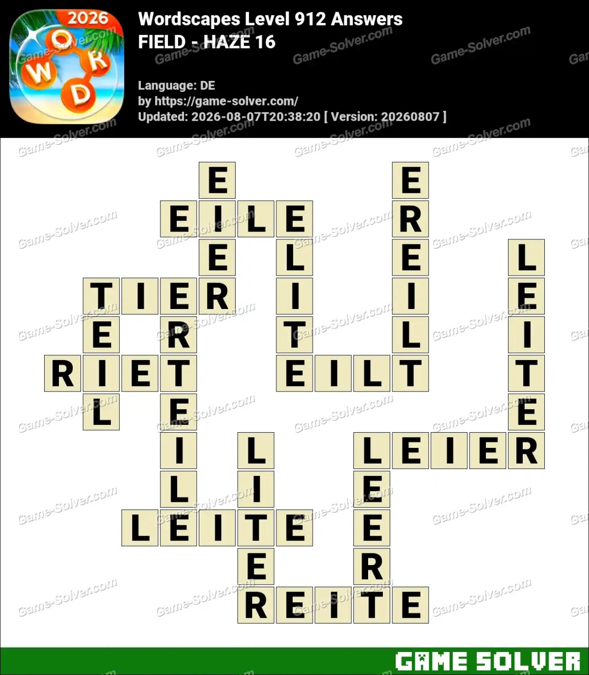 Wordscapes Deutsche Level 912 Answers — FIELD - HAZE 16