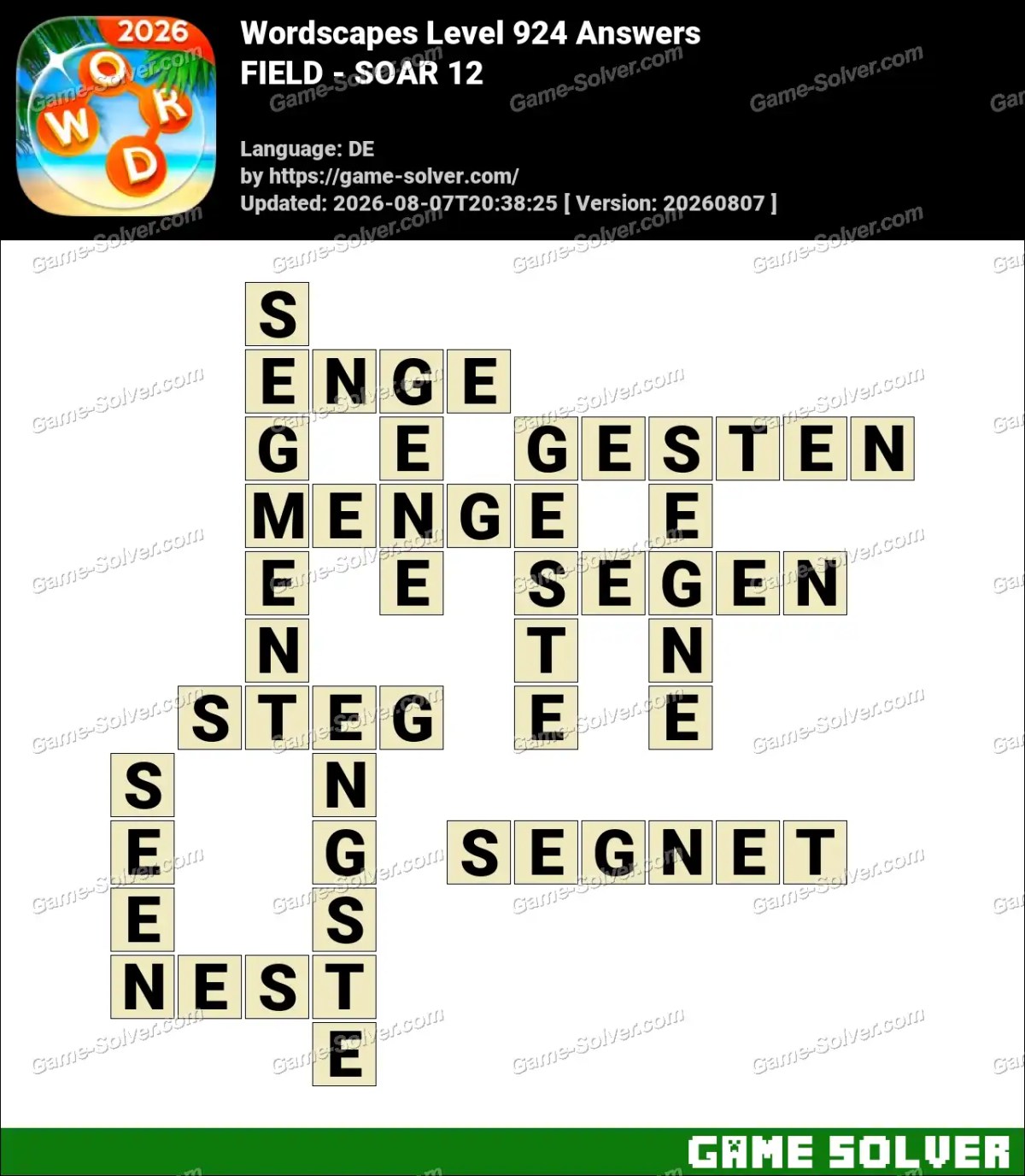 Wordscapes Deutsche Level 924 Answers — FIELD - SOAR 12