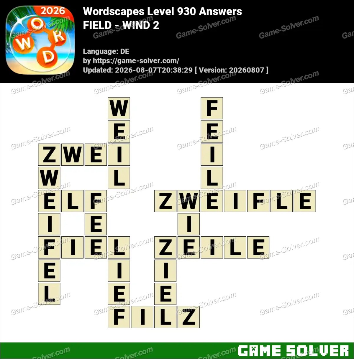 Wordscapes Deutsche Level 930 Answers — FIELD - WIND 2