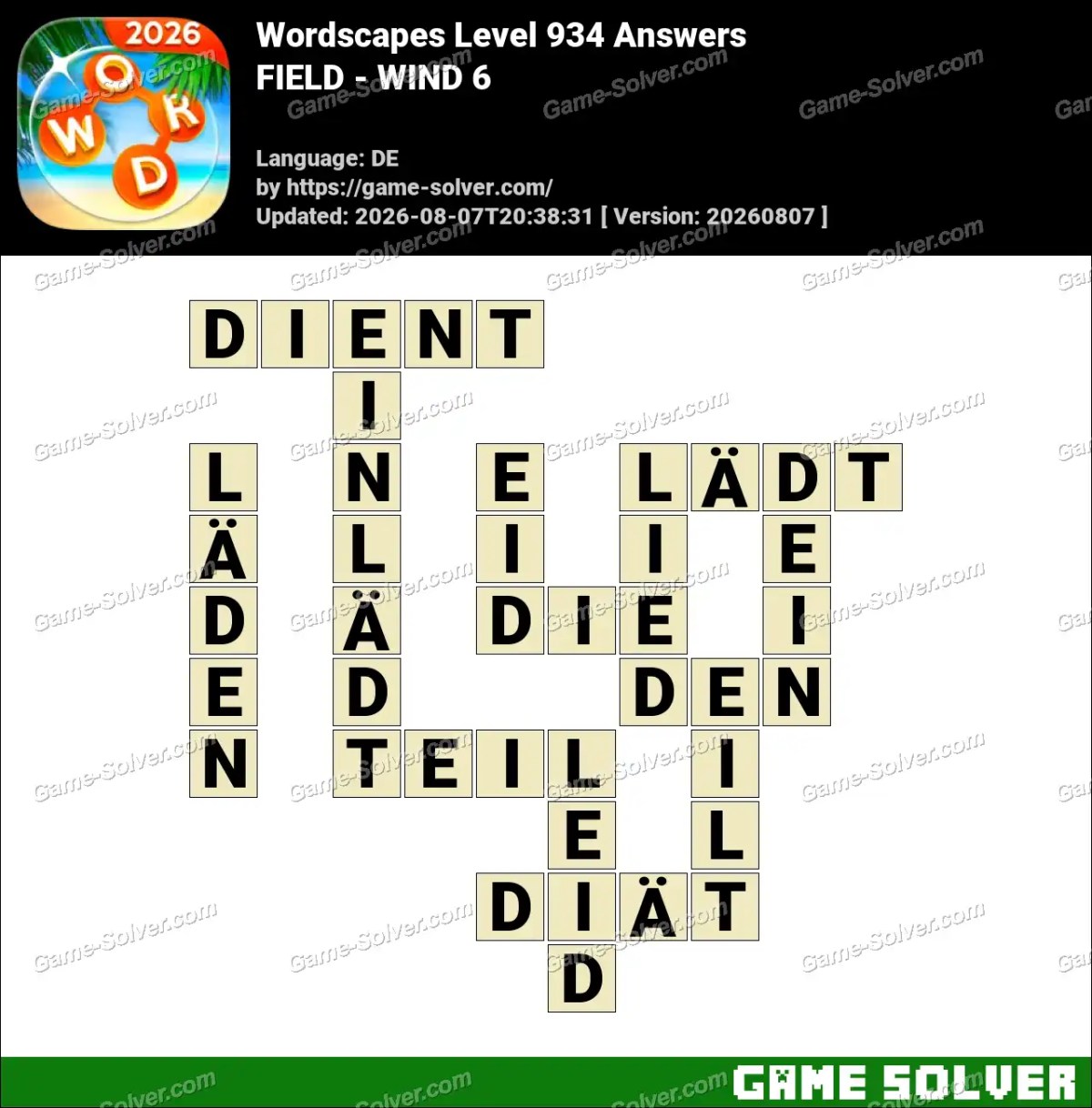 Wordscapes Deutsche Level 934 Answers — FIELD - WIND 6