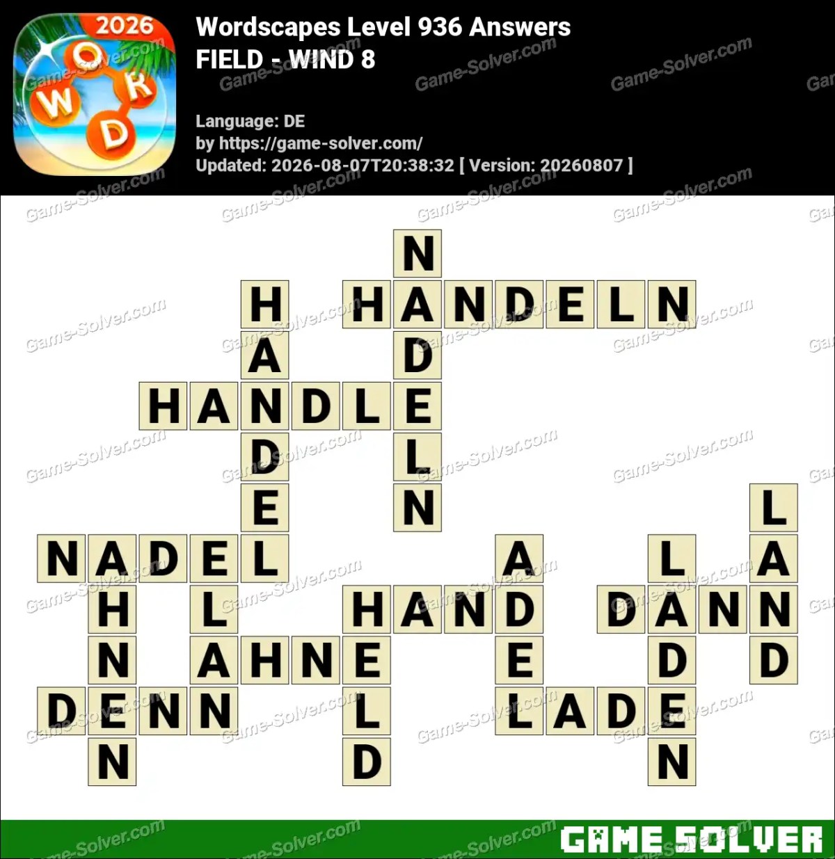 Wordscapes Deutsche Level 936 Answers — FIELD - WIND 8