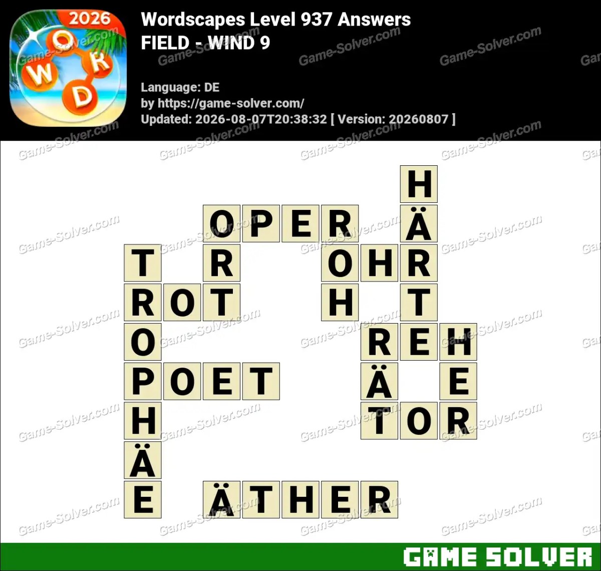 Wordscapes Deutsche Level 937 Answers — FIELD - WIND 9