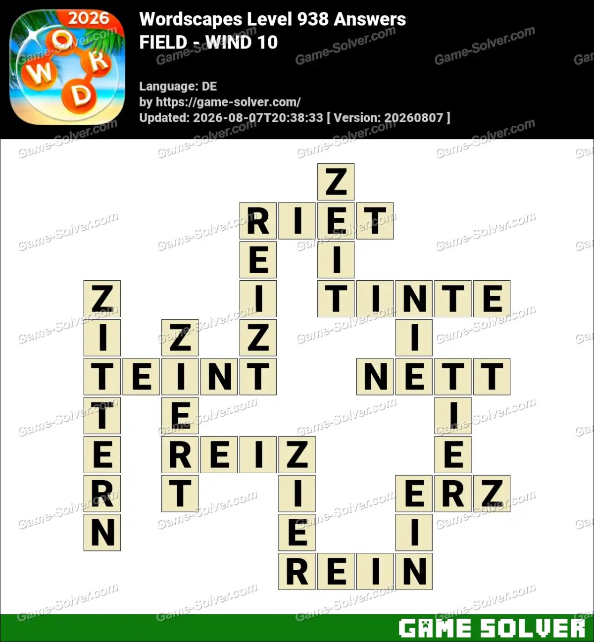 Wordscapes Deutsche Level 938 Answers — FIELD - WIND 10
