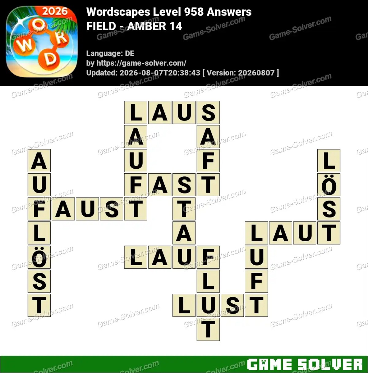 Wordscapes Deutsche Level 958 Answers — FIELD - AMBER 14