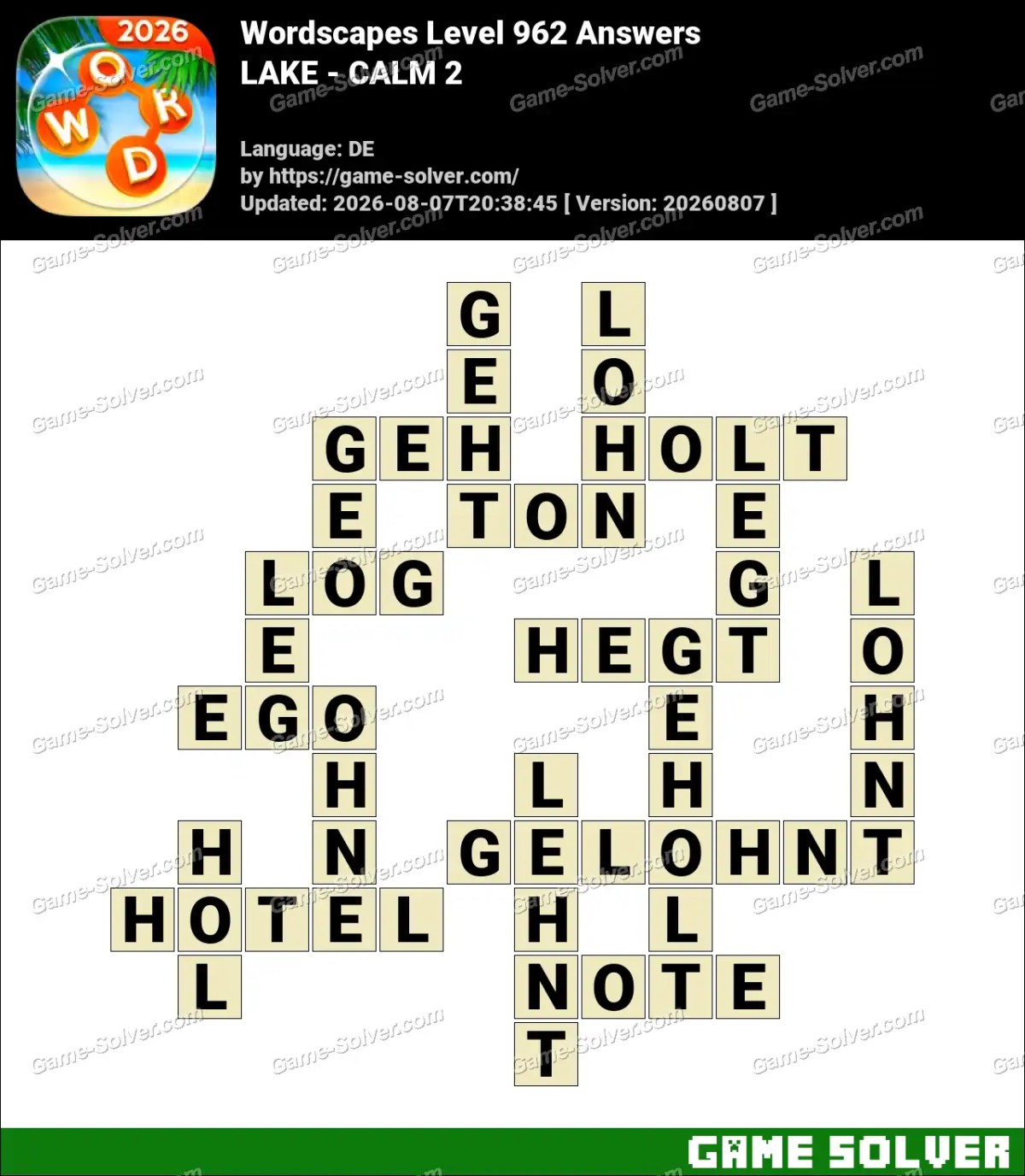 Wordscapes Deutsche Level 962 Answers — LAKE - CALM 2