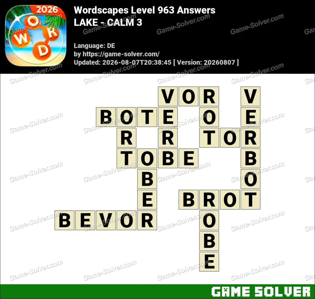 Wordscapes Deutsche Level 963 Answers — LAKE - CALM 3
