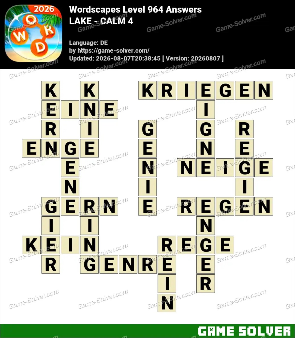 Wordscapes Deutsche Level 964 Answers — LAKE - CALM 4