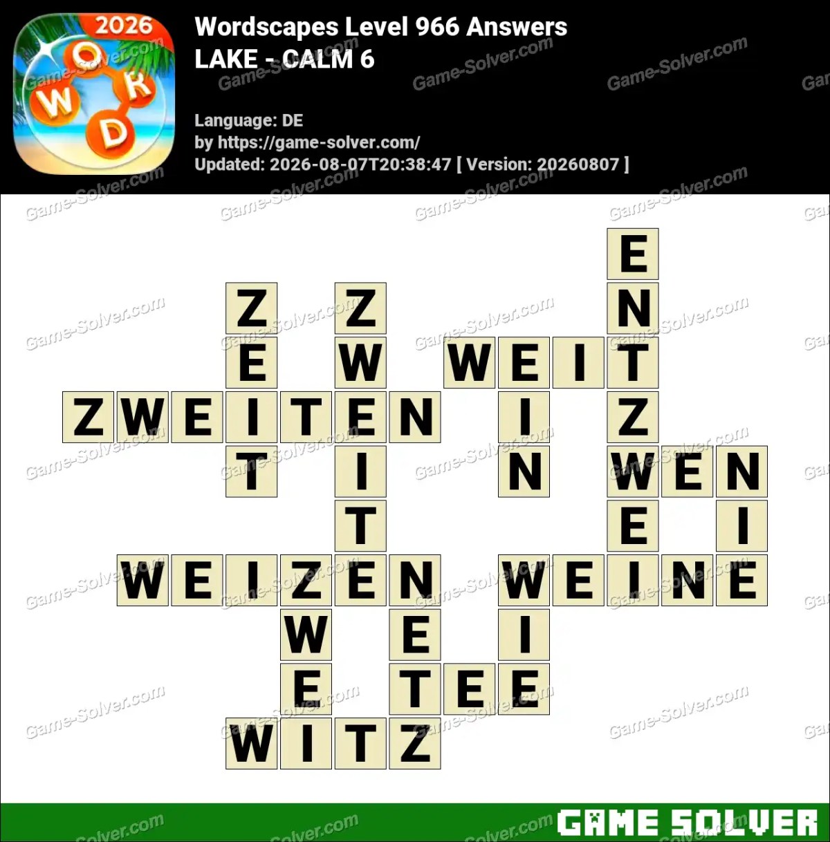 Wordscapes Deutsche Level 966 Answers — LAKE - CALM 6
