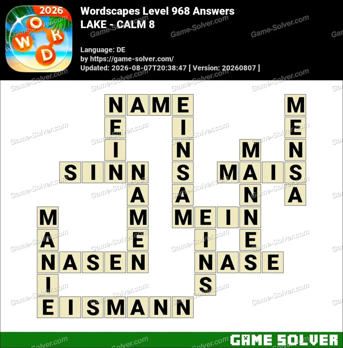 Wordscapes Deutsche Level 968 Answers — LAKE - CALM 8