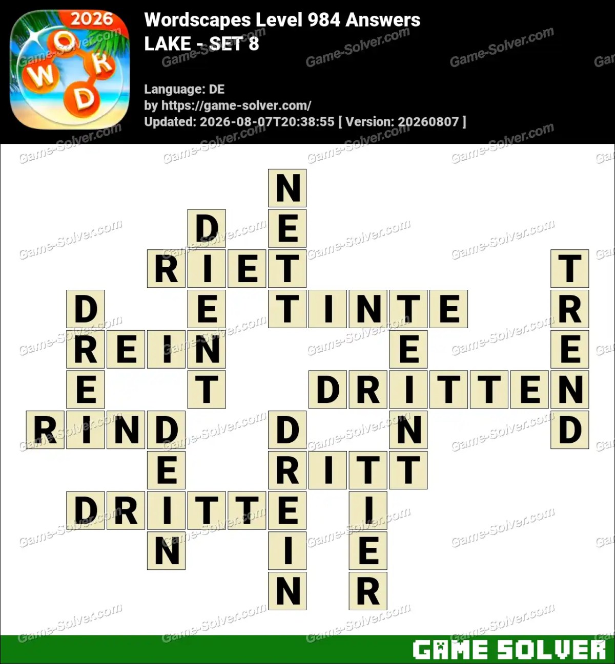 Wordscapes Deutsche Level 984 Answers — LAKE - SET 8