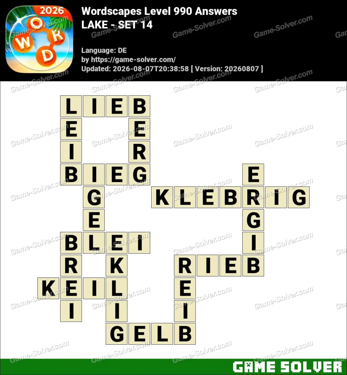 Wordscapes Deutsche Level 990 Answers — LAKE - SET 14